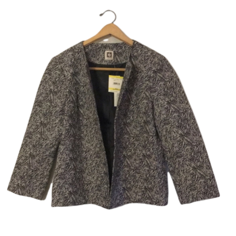Anne Klein Medium Black and Lily White Open Front Patterned Jacket